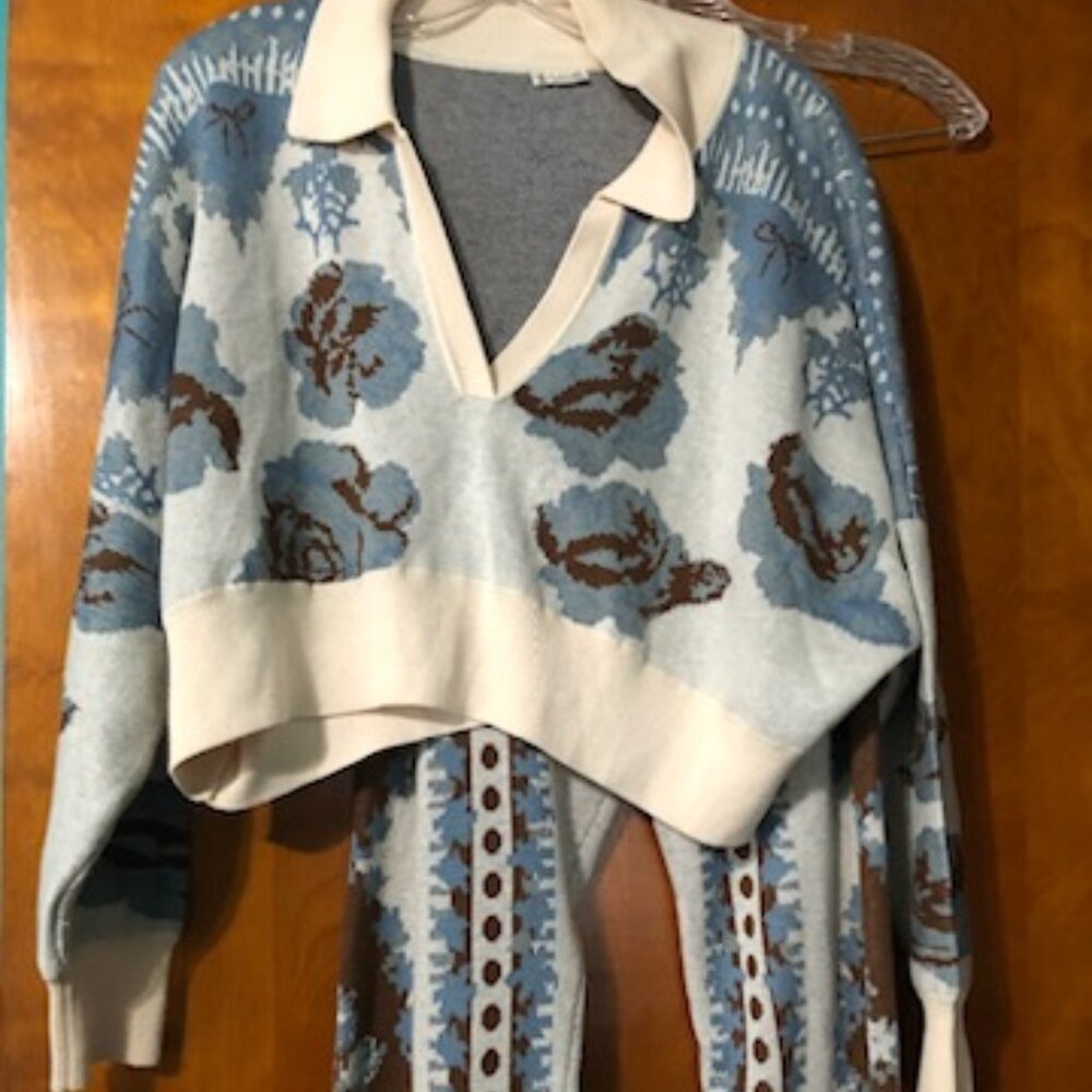Free People Cropped Knit Pajama Set in Blue, Cream & Brown